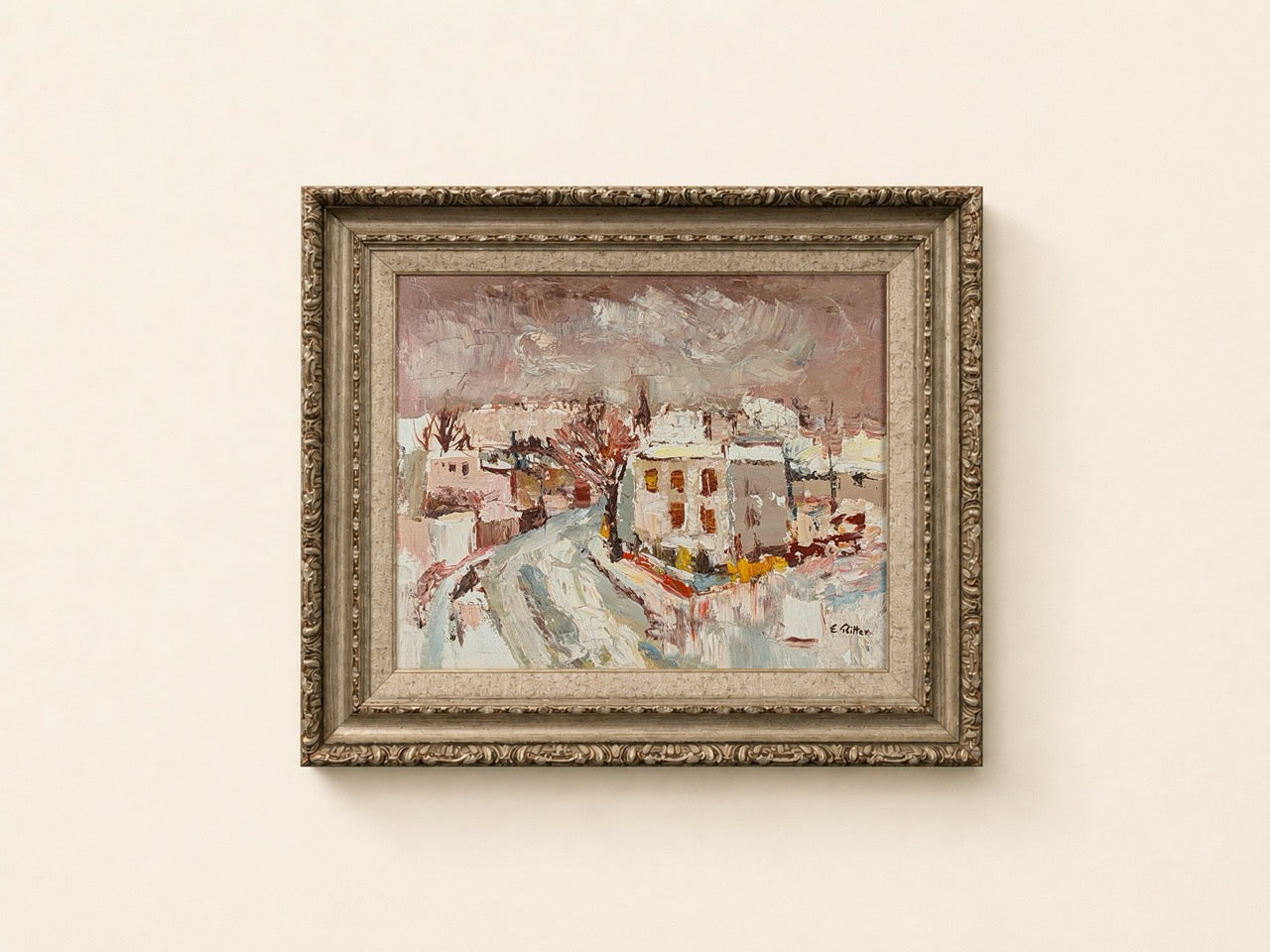 Pink French Village Oil Painting by Étienne Ritter