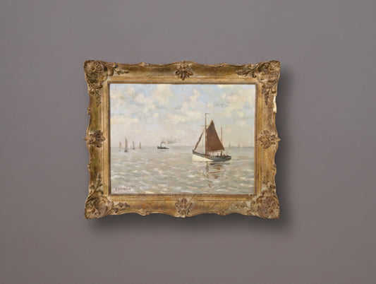 Large Vintage Seascape Oil Painting with Sailboats by René de Baugnies in Ornate Gilt Frame