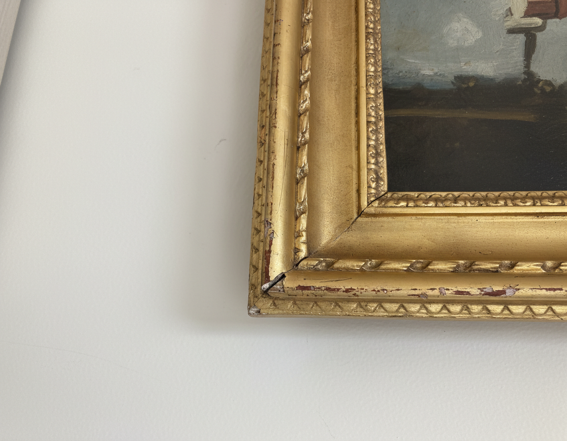 Antique 19th Century French School Landscape Painting Cows in Meadow Moody Tonal Sky Gilt Frame