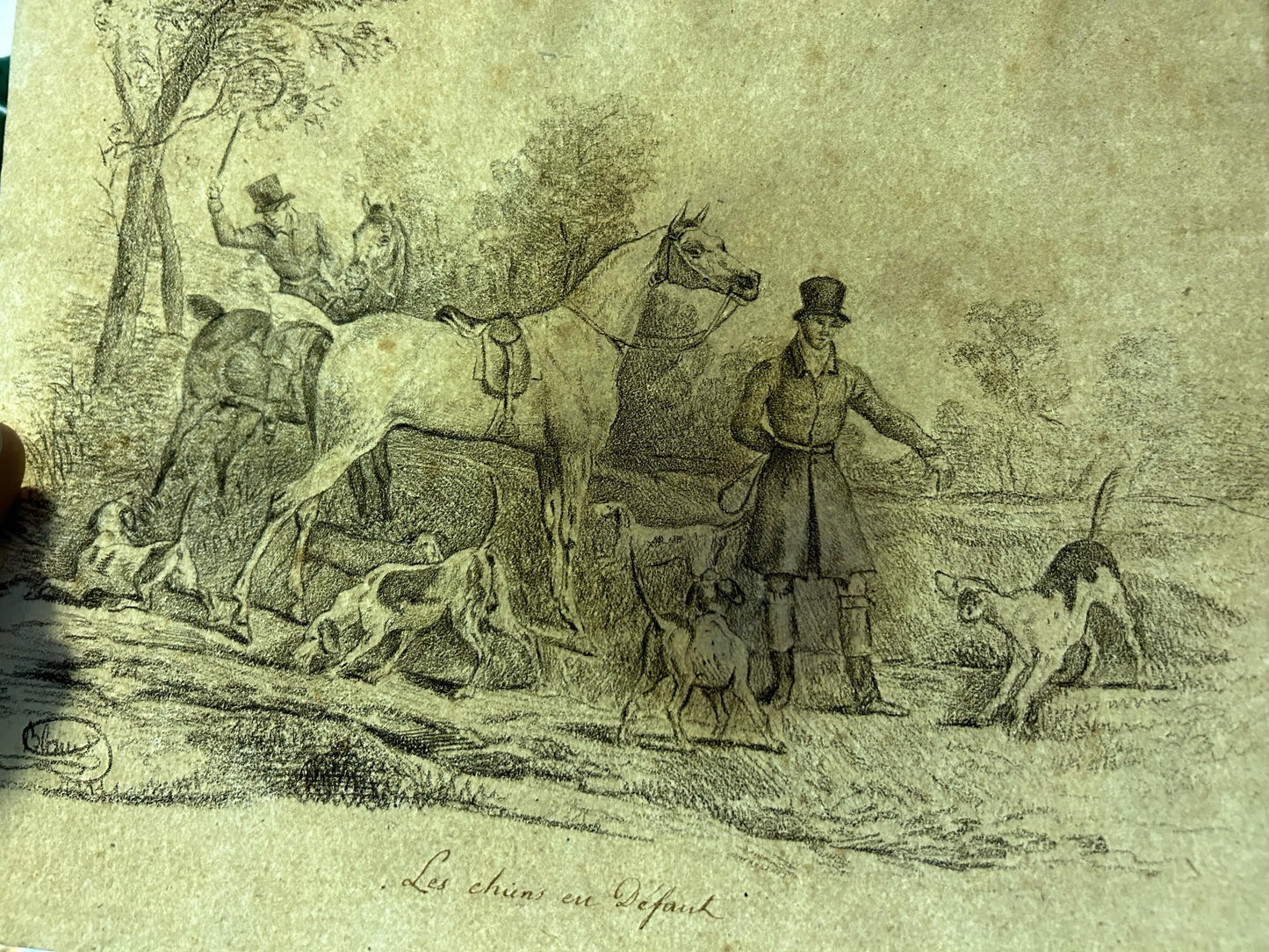 Antique French Pencil Drawing 19th-Century Hunting Scene