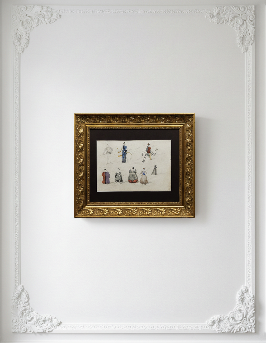 Antique 19th-Century French Costume Studies Theatrical Costume Design Sketch Renaissance Dress